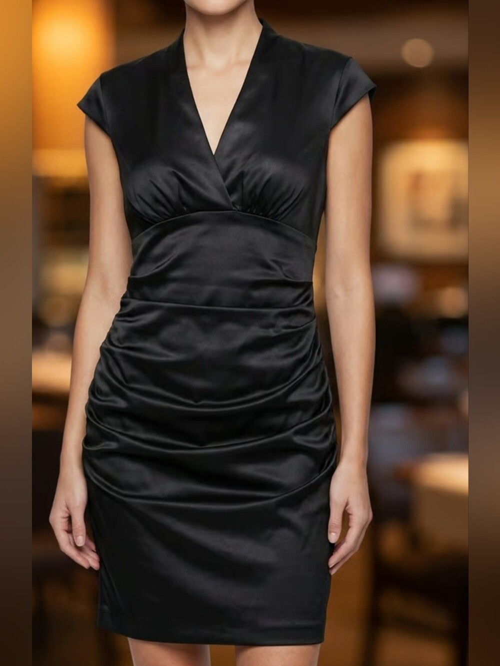 Xscape Black Satin Asymmetrical Ruched V-Neck Dress